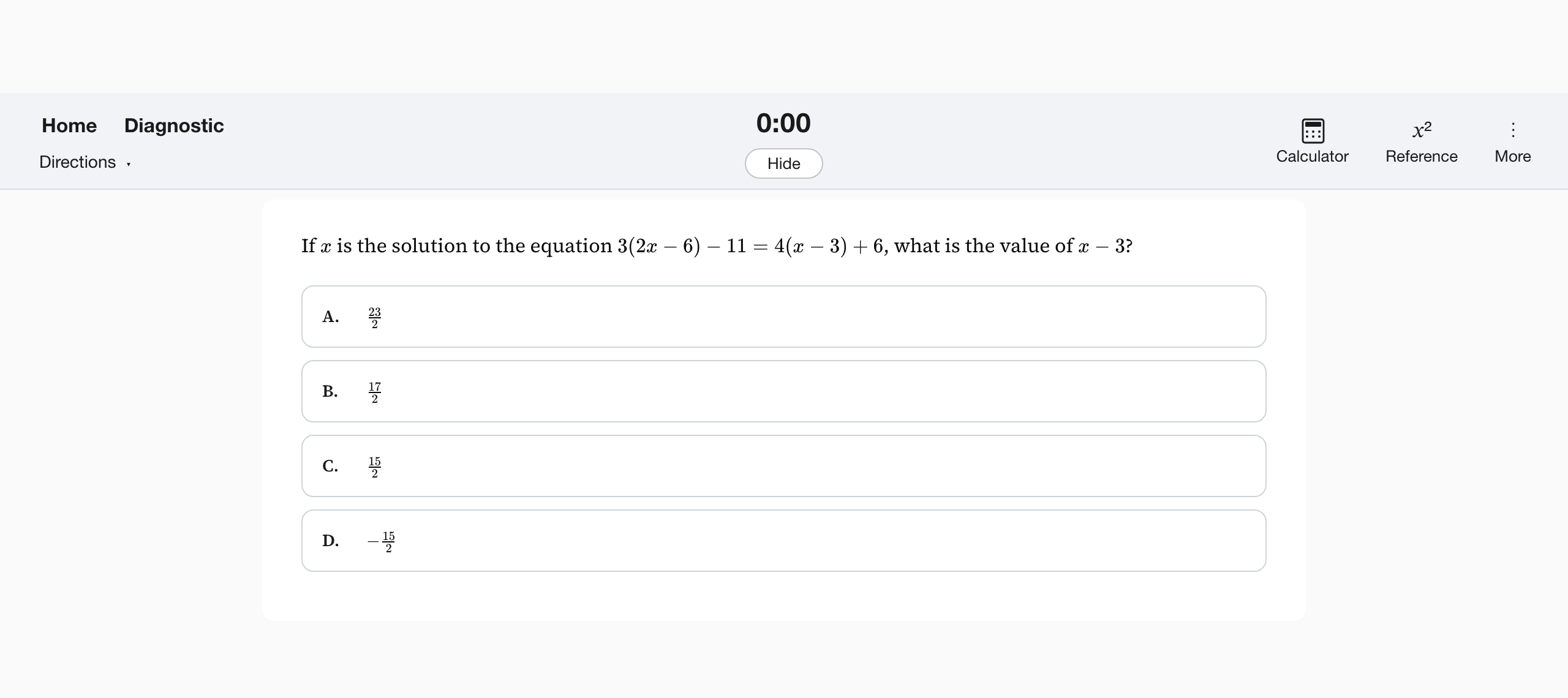 The actual College Board Bluebook test interface, shown with a Digital SAT Math question